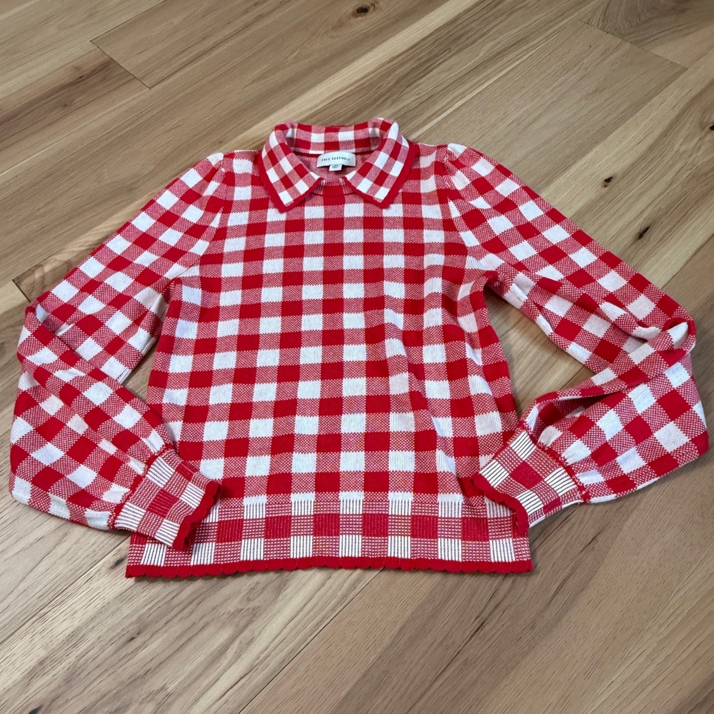 Gingham Sweater Women XS Red White Scalloped Hem Collared Top Cottagecore